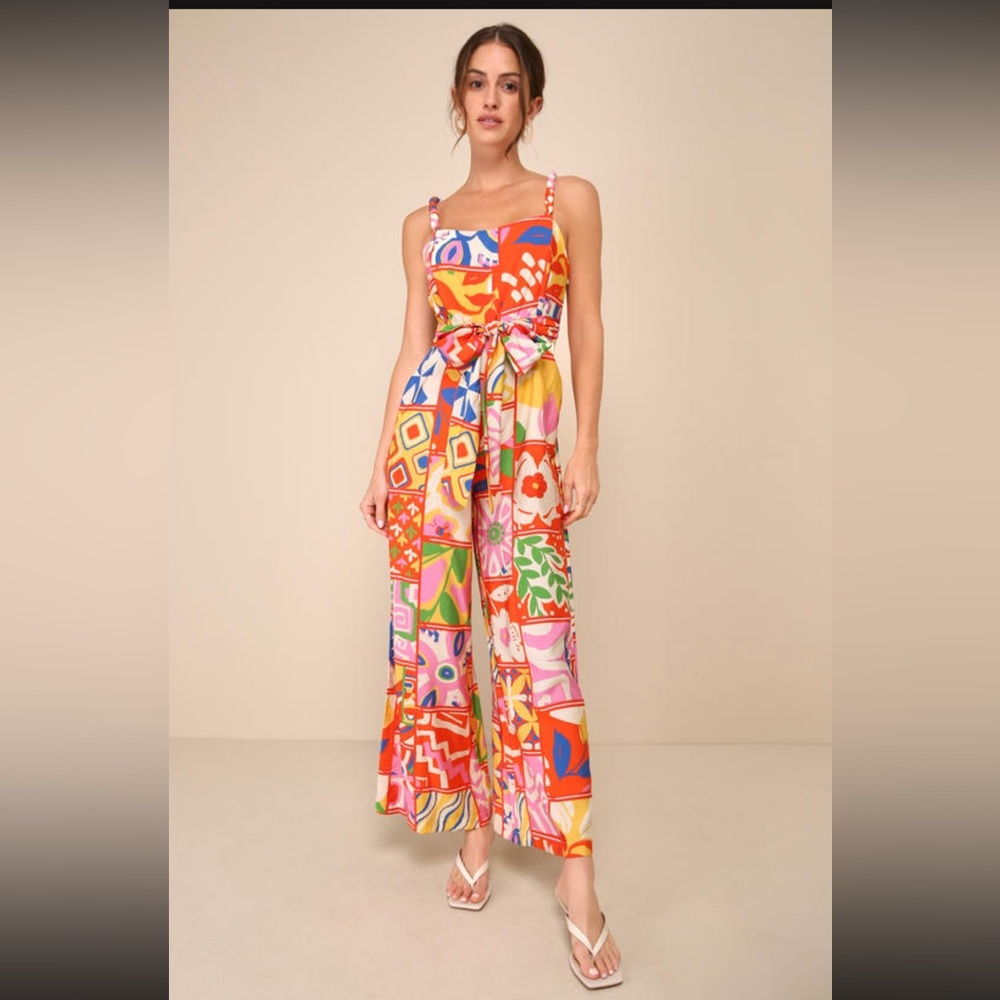 Lulus Bold Extravagance Red Multi Print Sleeveless Wide-Leg Jumpsuit. Size M
